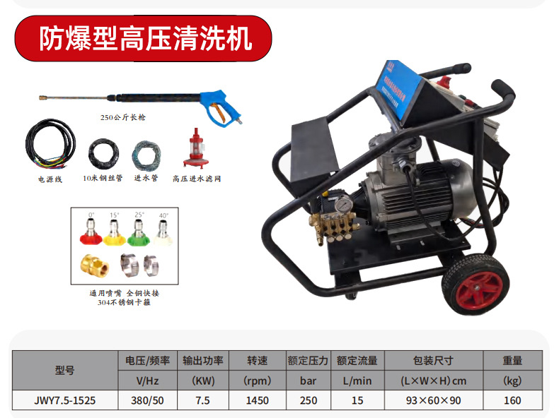 Jianweiye Explosion-Proof Car Washing Machine 7500W High-Pressure Cleaning Machine for Chemical Plants, Coal Mines, Flour Mills, and Direct Fire-Fighting Supply