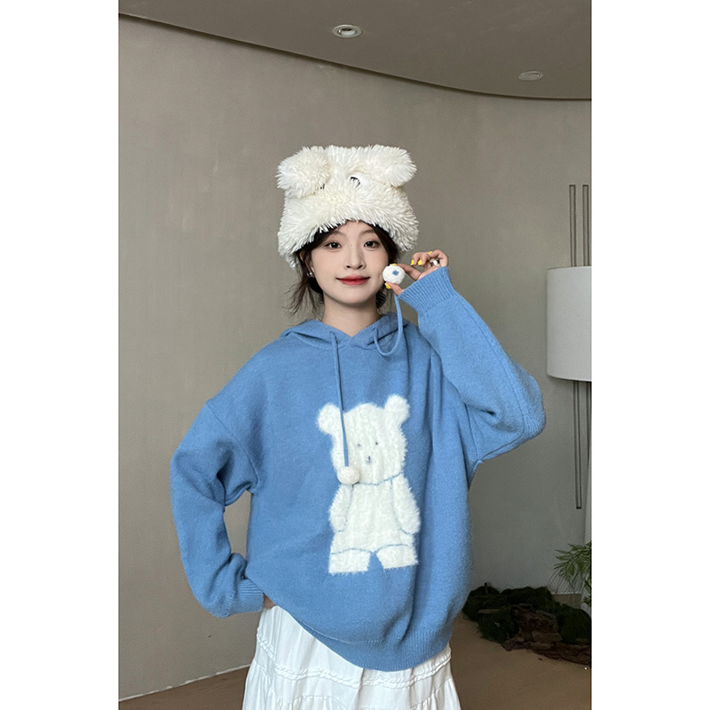 毛绒小熊宽松连帽柔软毛衣女2025新款秋冬卫衣设计感针织上衣外套