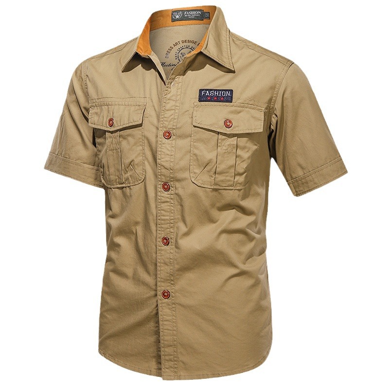 Camisas de mangas cortas de hombre de verano nuevos productos de algodón de mediana edad relajados casuales de color sólido cuello vertical multi-bolsillo chaqueta funcional para hombre