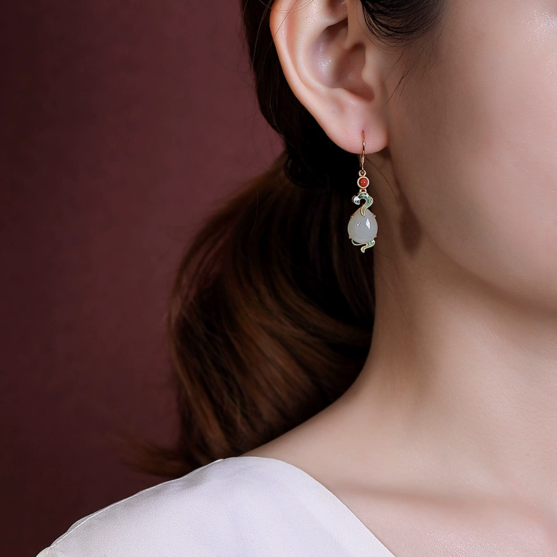 壹鹿银 Red retro earrings jade, silver 925 sample