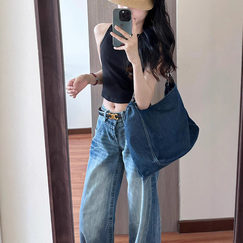 美式水洗阔腿牛仔裤女春秋季新款辣妹低腰宽松显瘦垂感直筒拖地裤|undefined