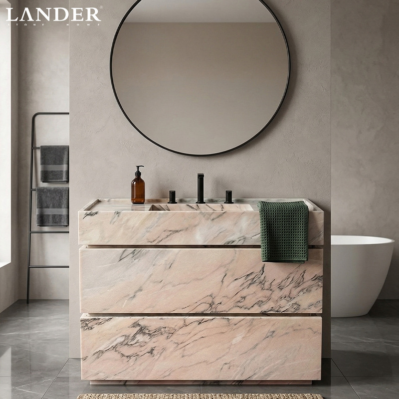 Smoky Pink Washbasin Bathroom Cabinet with Light French Cream Style Design, High-Quality Marble Texture for the Bathroom