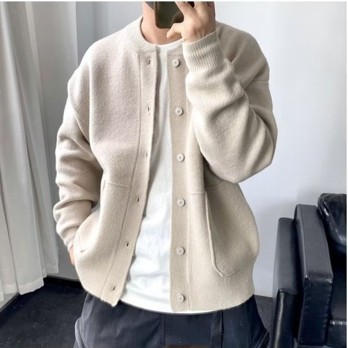 Japanese-style round neck open sweater for men, spring and autumn, Hong Kong-style knitted sweater, round neck jacket, simple and loose, thick sweater outerwear