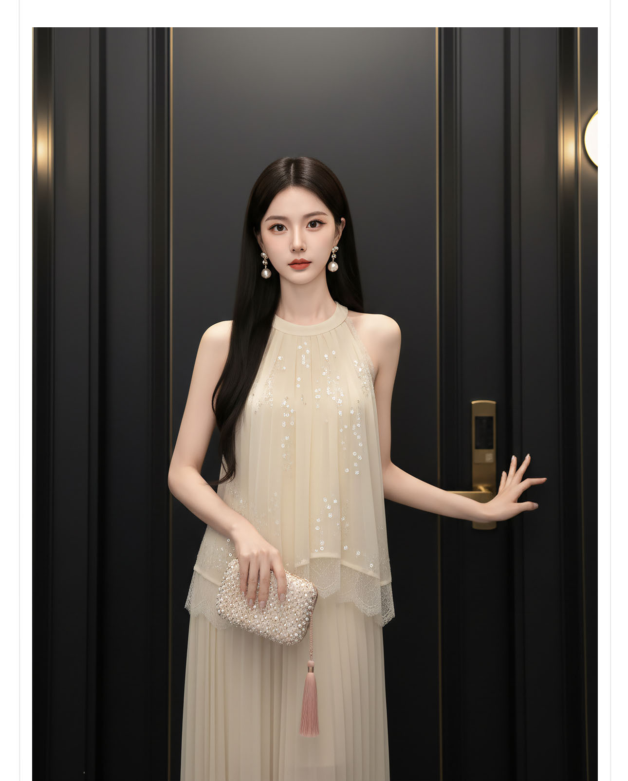 Áo croptop nữ tay ngắn cổ yếm xếp ly đính sequin phối bộ — bộ đồ, nửa váy, Gạo trắng Top chi tiết 3