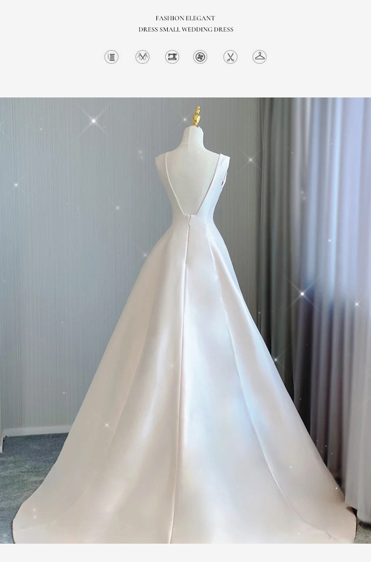 Vintage Satin Wedding Dress Minimalist Style High Quality Elegantly Slimming V Neck Long Train For Women_ecoleips.com