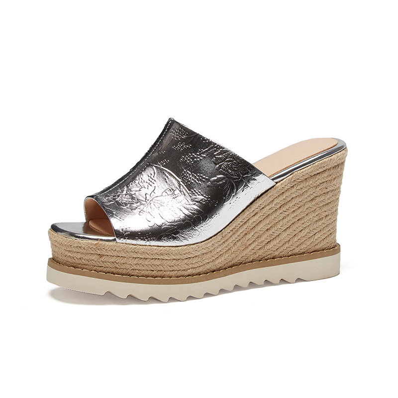 Sandal cao gót nữ mũi hở đế xuồng đan rơm phong cách La Mã — màu be, bạc