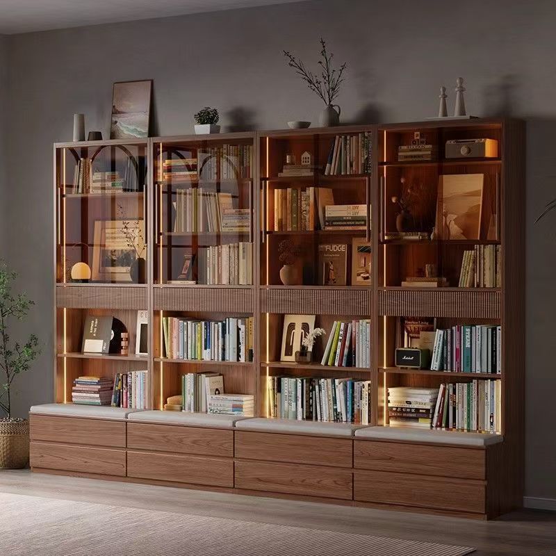 Living Room Bookcase Integrated Wall Combination Full Wall Bookcase Display Cabinet with Glass Door Wall Solid Wood Storage Cabinet Bookshelf