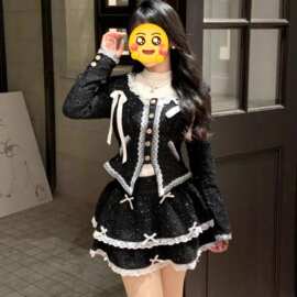 富家千金秋冬黑色细闪小香风套装裙精致蕾丝边外套女蛋糕裙两件套