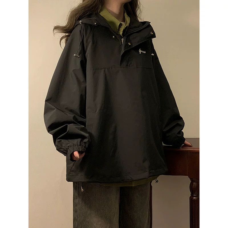 橘色工装外套女春秋设计感小众美式复古高街半拉链套头冲锋衣情侣|undefined