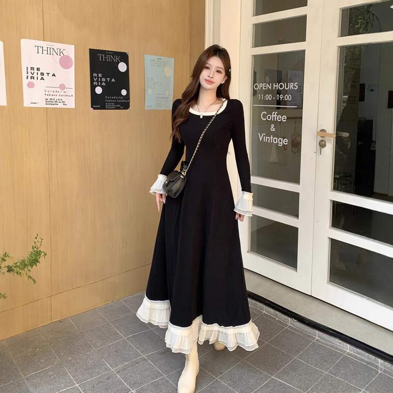 大码女装2025秋季新款优雅花边拼接收腰显瘦长款连衣裙|undefined