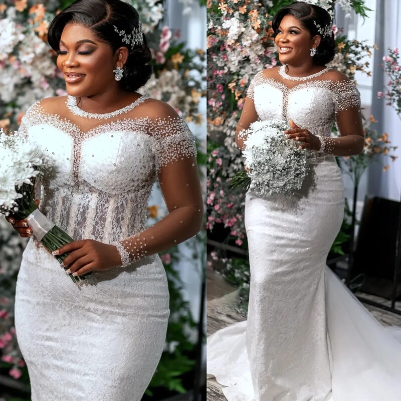Mermaid Wedding Dresses African Luxury White Beaded Lace Full Sleeves Vintage Elegant Bridal Gowns Dress 2026