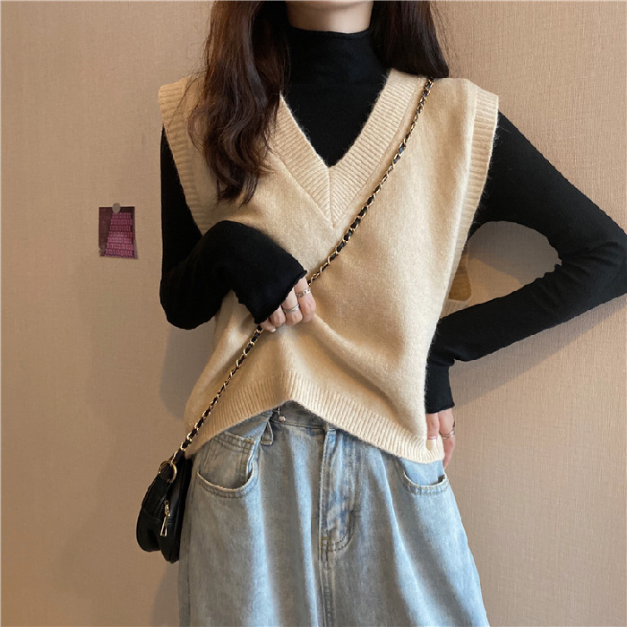 2023 otoño e invierno nuevo color sólido con cuello en V chaleco sin mangas chaleco abrigo suéter de las mujeres Chaleco de punto superior ins comercio exterior