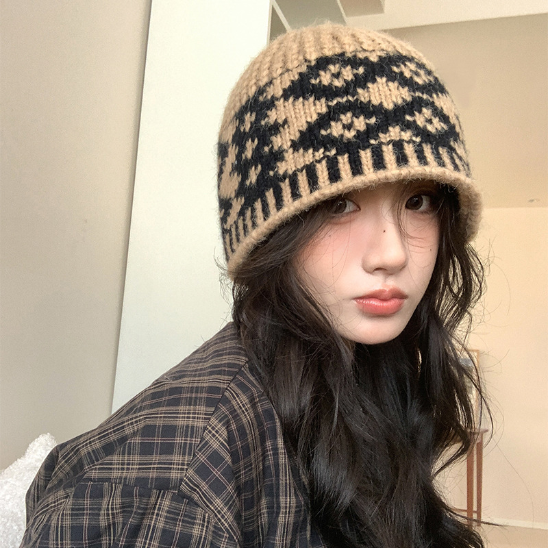 秋冬季小众复古菱形格子毛线帽子女高级感针织帽保暖防寒包头冷帽|undefined