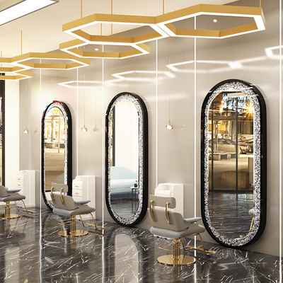Barbería espejo salón de pelo especial montado en la pared espejo de un solo lado piso con luz inteligente espejo led