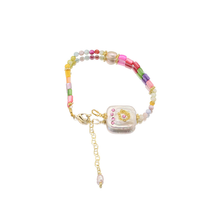 Barroco pulsera de perlas naturales dulce lindos cuentas de dopamina cuadrados brazalete de joyería chapado en oro 18k