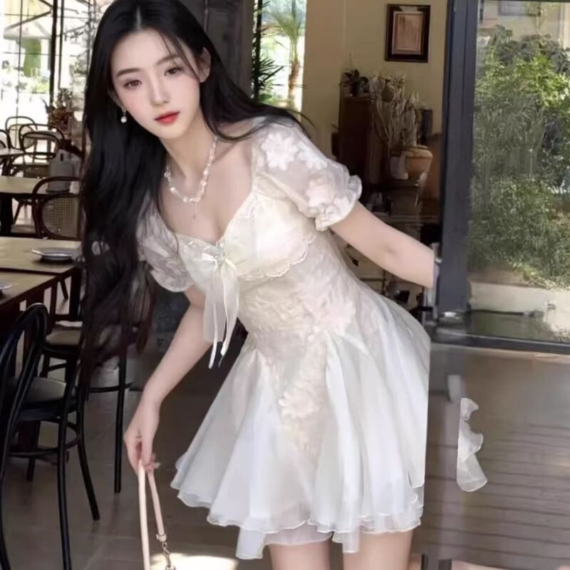 White Moonlight Dress for Women, Summer's Stunning Escape Princess Dress, Waist-Cinching Puffy Skirt, 2026 New Versatile Short Dress
