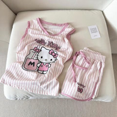 韓国風かわいいベストスーツ女性の夏の新しいハローキティプリントストライプノースリーブTシャツショーツ2点セットイン
