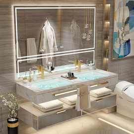 现代岩板浴室柜大理石台面卫浴柜洗脸洗手盆简约卫生间实木洗漱台