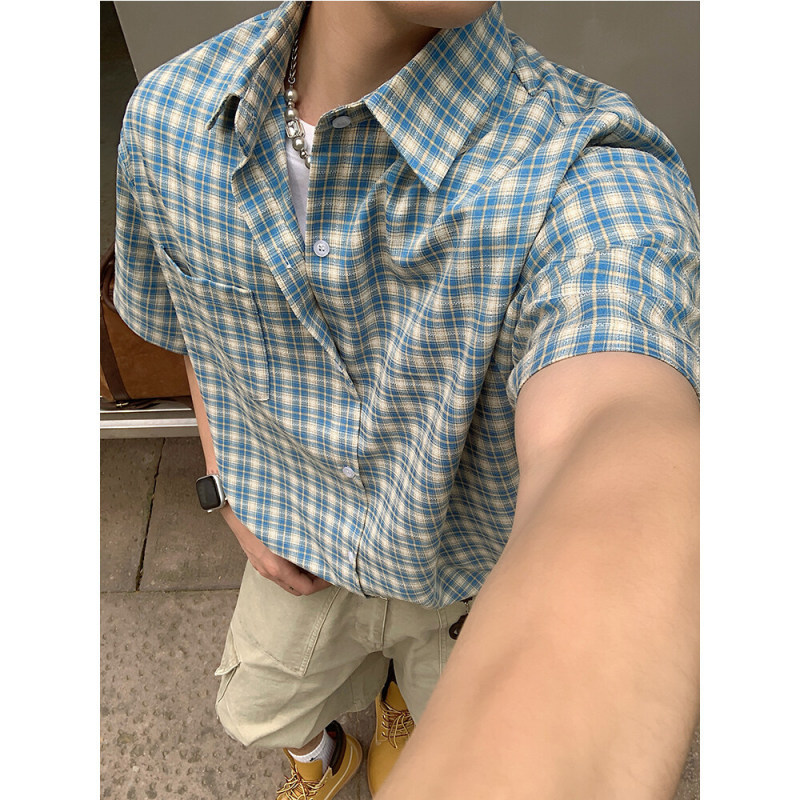 2025 Summer New Men's American Style Retro Plaid Shirt Trendy Brand Fashion Loose Casual Shirt Men's Top 2025 Summer New Men's American Style Retro Plaid Shirt Trendy Brand Fashion Loose Casual Shirt Men's Top