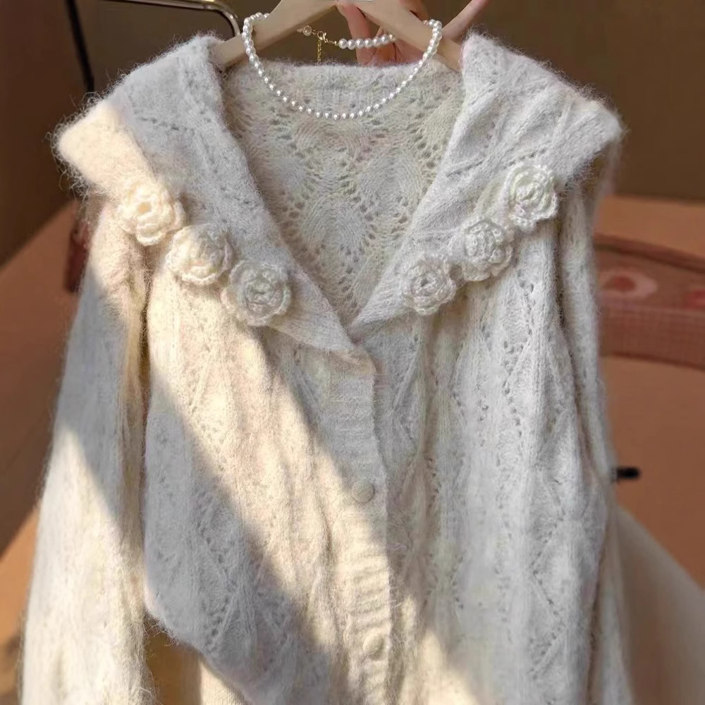 부드러운 스타일 할로우 3 차원 꽃 니트 카디건 스웨터 여성의 느슨한 게으른 세련된 슈퍼 좋은 해군 칼라 재킷