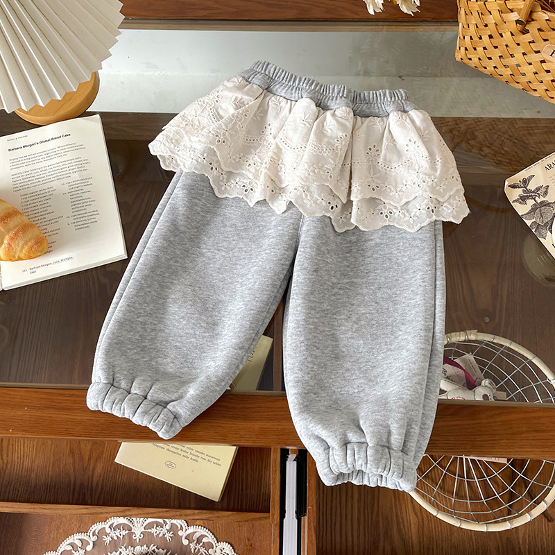 DK252306女童加绒卫裤2025秋冬新品蕾丝屁帘拼接灰色加绒束脚裤潮|undefined