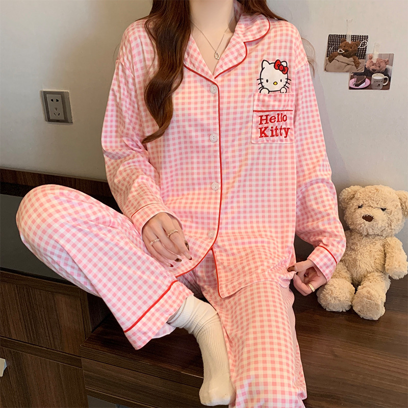 和風のシンプルな格子柄、インスタ映えするおしゃれなレディースパジャマ、春秋用長袖長ズボンツーピースセット、卸売|undefined