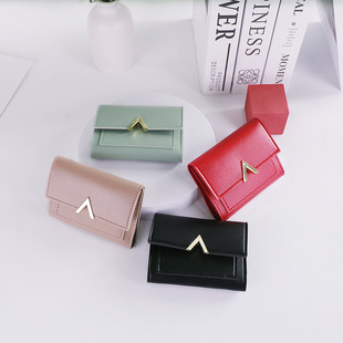 Ins New Women's Student Wallet Korean Style Fashion V-shaped Triple Fold Buckle PU Wallet Small Wallet Coin Bag Card Bag