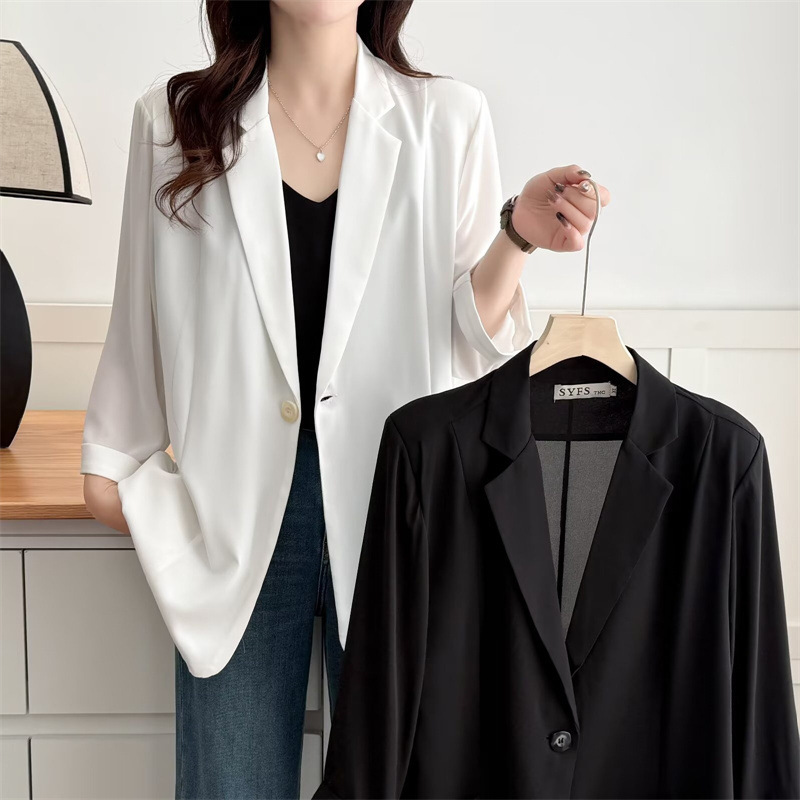 2025 Summer Plus Size Thin Suit Jacket for Women, V-Neck, Three-Quarter Sleeve Cardigan, Elegant Coat for Plus-Size Ladies, Suit Top 2503