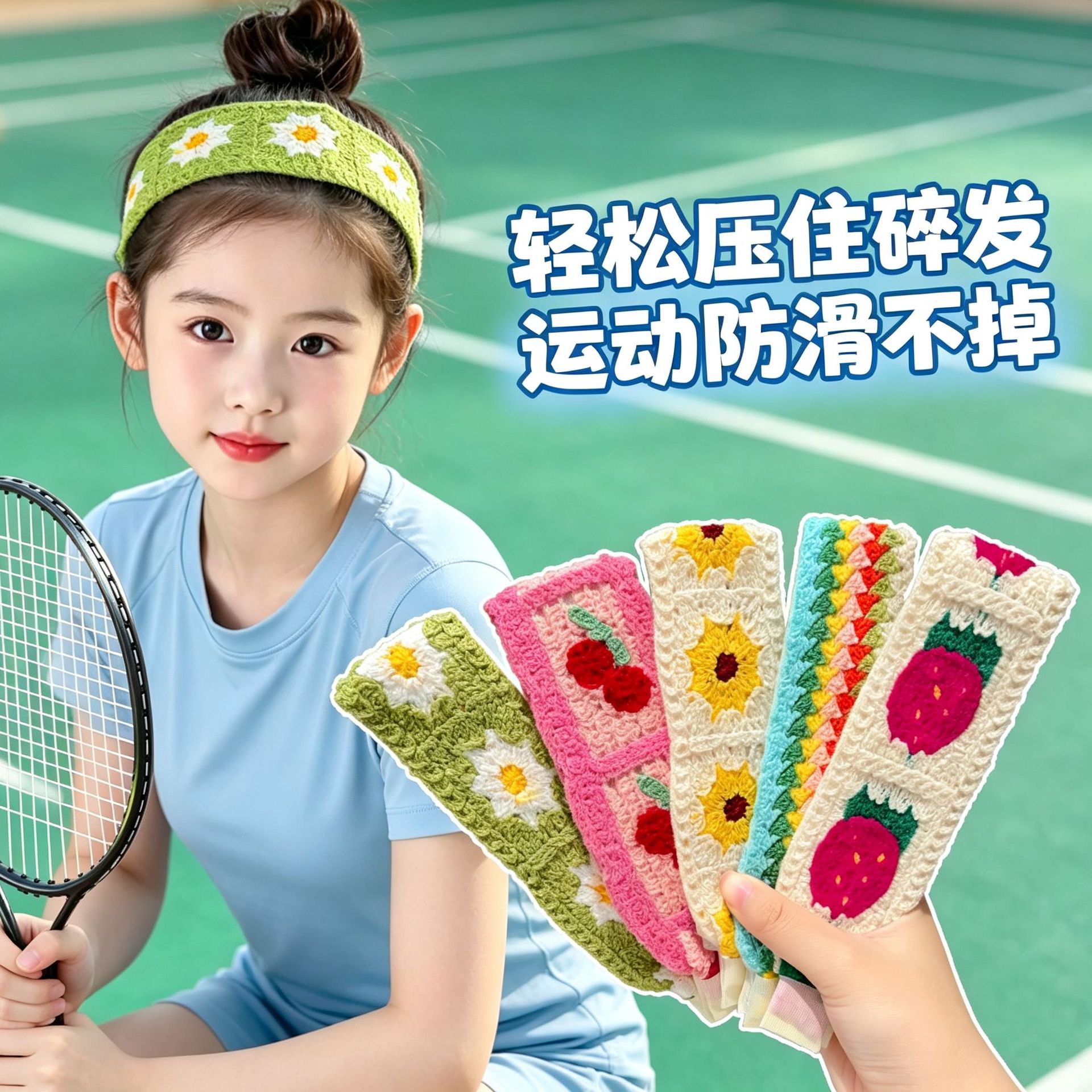 2026 New Model Girls' Sports Headband Cute Fruit Flower Knitted Magic Hair Band for Fixing Loose Hair