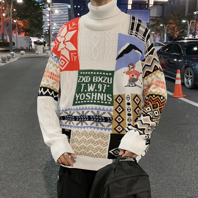 Suéter navideño para parejas, suéter de cuello redondo para hombre, estilo exportación, holgado, para otoño e invierno, suéter tipo cuello alto, abrigo grueso y cálido para jóvenes