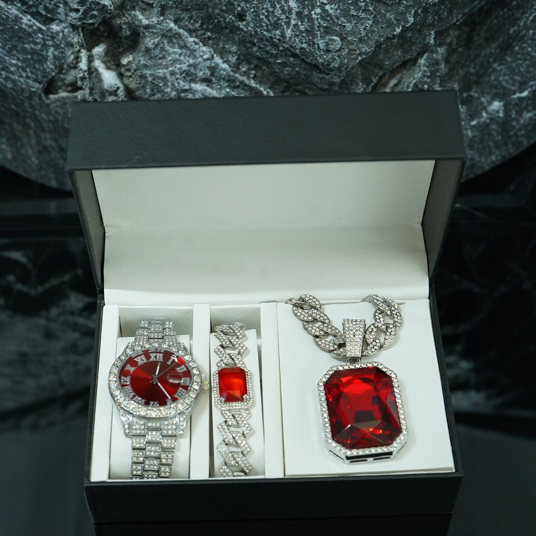 Ventas transfronterizas calientes colgante de aleación de esmeralda roja pulsera collar reloj 5 piezas conjunto de joyas de regalo de alto nivel para hombres