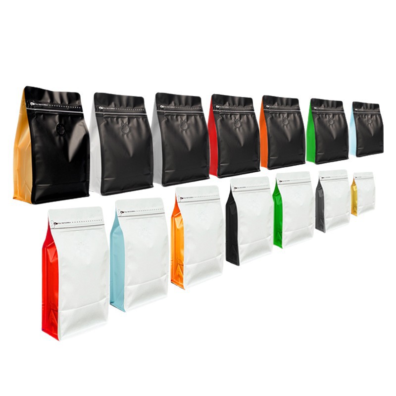 Bolsas de embalaje para alimentos para café, té, refrigerios, bolsas de aluminio autoportantes con cierre zip para granos de café con válvula, bolsas autoportantes con sellado de ocho lados