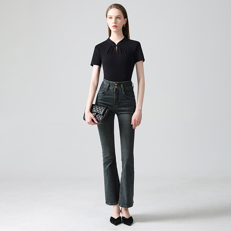 Collar negro chino botón chaqueta de mujer 2025 nuevo estilo retro estilo chino vacío plegado camiseta de manga corta mujer