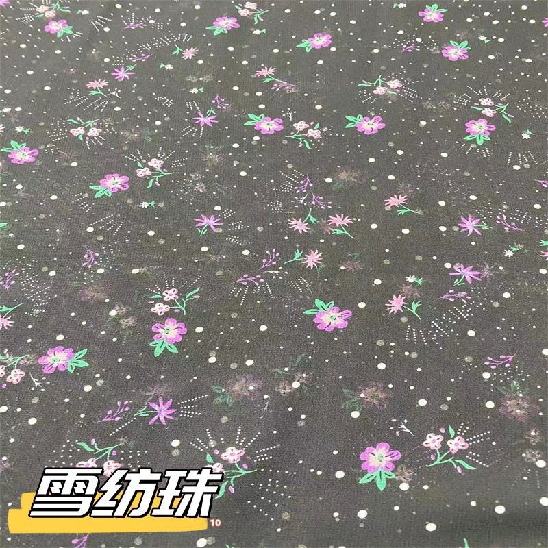 新款碎花透底雪纺珠印花面料短裙衣裤童装新女装连上衣裙服装布料