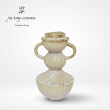 米黄釉双环耳葫芦陶瓷花瓶 侘寂风软装陈列
