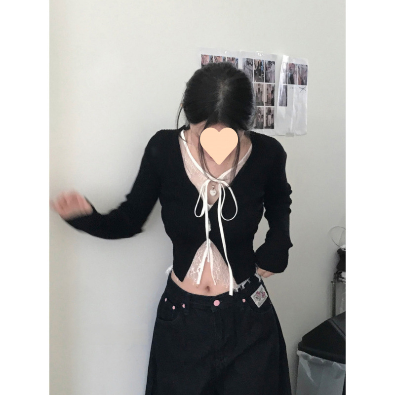 2025年の新型の偽の2つはレースのハスの葉の辺のメリヤスのカーディガンのギャルの風の上着の女性をつなぎ合わせます。|undefined