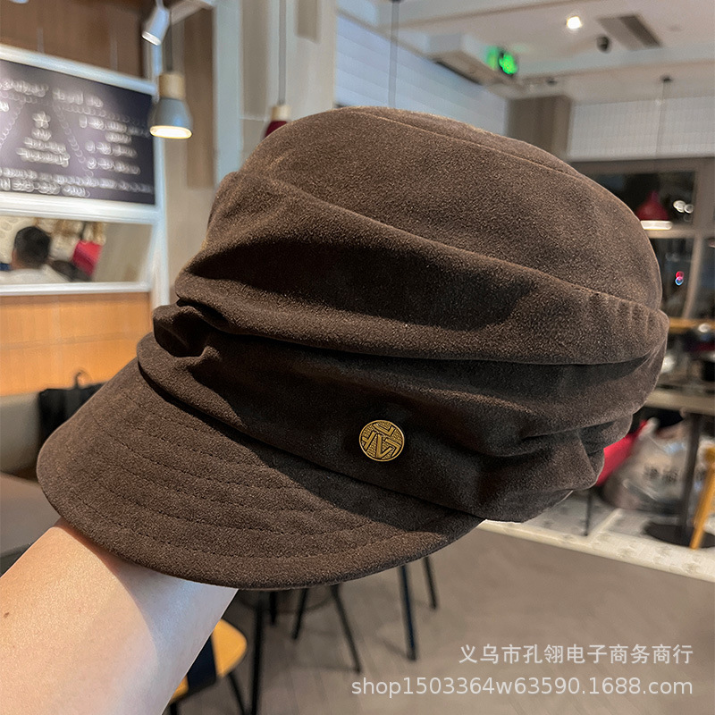 复古英伦风麂皮绒鸭舌帽子女秋冬保暖防风报童帽时尚轻奢风马术帽|undefined
