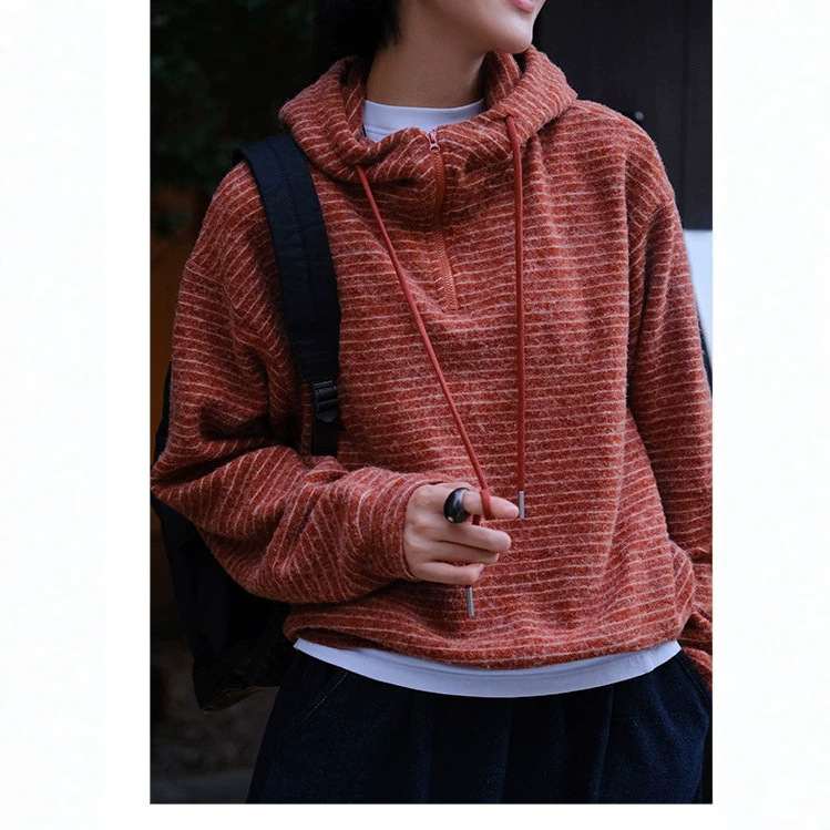 New autumn clothing: soft and skin-friendly fine striped half-zip pullover hoodie, simple and versatile sweatshirt for women
