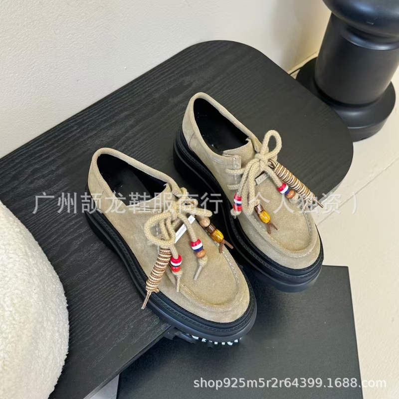高端2025新款磨砂圆头浅口松糕厚底增高系带百搭时尚乐福鞋单鞋女|undefined