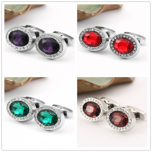 Unique oval-shaped men's fashion crystal cufflinks, French-style women's diamond-accented elegant cufflinks, gift