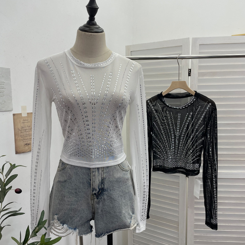 Diamond Embedded Thin Sheer Mesh Long Sleeve T shirt Slim Short Backless Top Women 10 Diamond Embedded Thin Sheer Mesh Long Sleeve T shirt Slim Short Backless Top Women