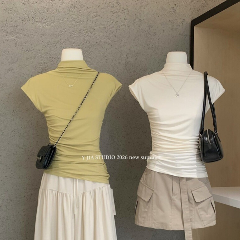 Y.Jia Yijia Summer Women's Simple Style Ruched Design Three-Dimensional Cut Backless Half-High Collar Flutter Sleeve T-Shirt 6791 Y.Jia Yijia Summer Women's Simple Style Ruched Design Three-Dimensional Cut Backless Half-High Collar Flutter Sleeve T-Shirt 6791