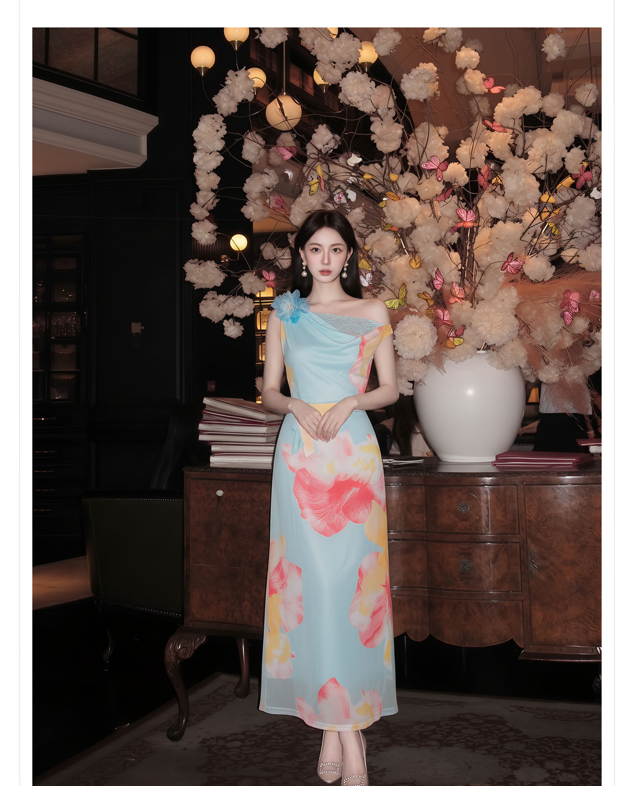 Đầm maxi nữ thắt eo phong cách tân cổ điển họa tiết in hoa dây rua — màu xanh nhạt chi tiết 7