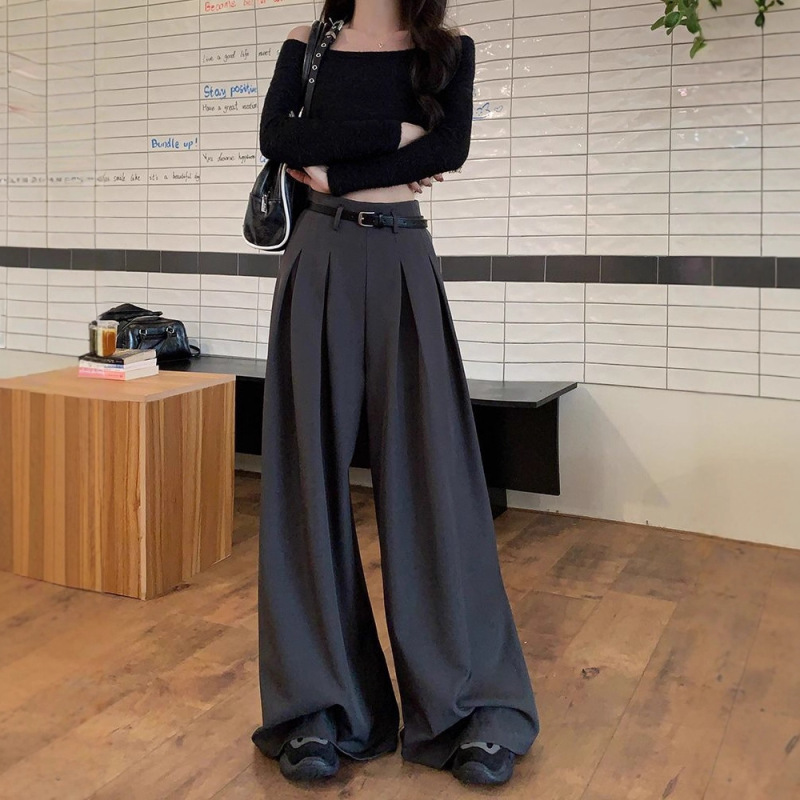 女性のためのハイエンドのドレープグレーのスーツパンツ夏の新しいハイウエストストレートワイドレッグパンツカジュアルパンツフロアレングスパンツ|undefined