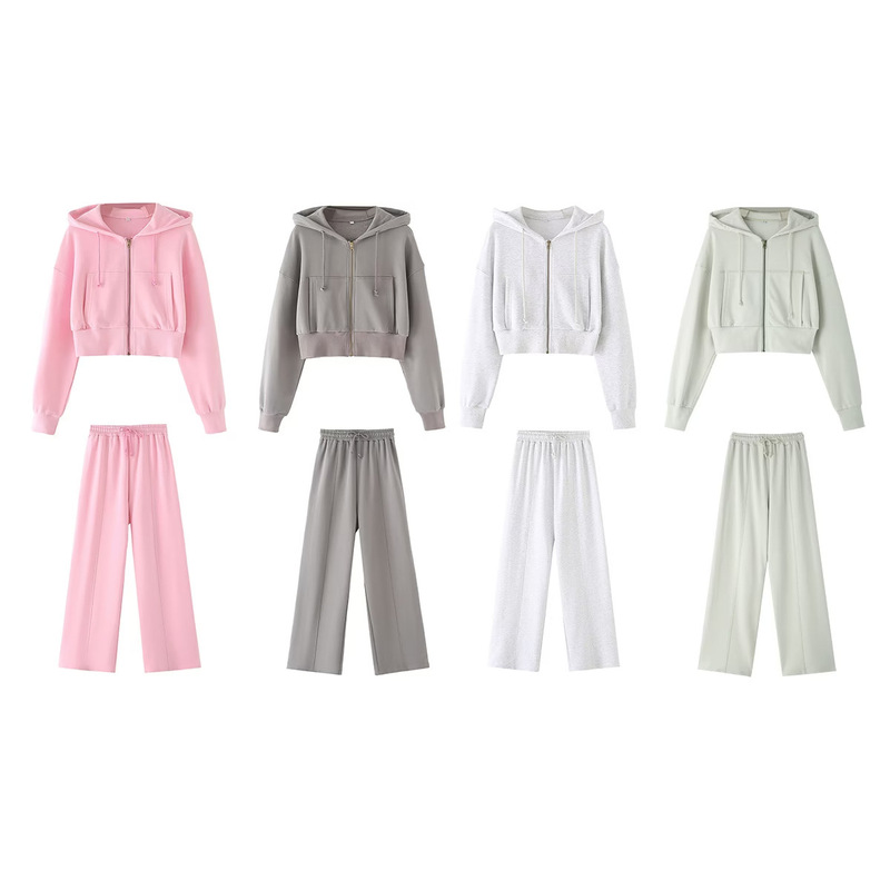 European and American Spring and Autum 2024 New Women's Hooded Short Sweatshirt + Multi-Color Loose Velvet Jogging Pants