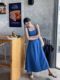 Blue Mist Love French Denim Dress Women's Summer Niche Design Waist-Cinching Elegant Strap Long Dress