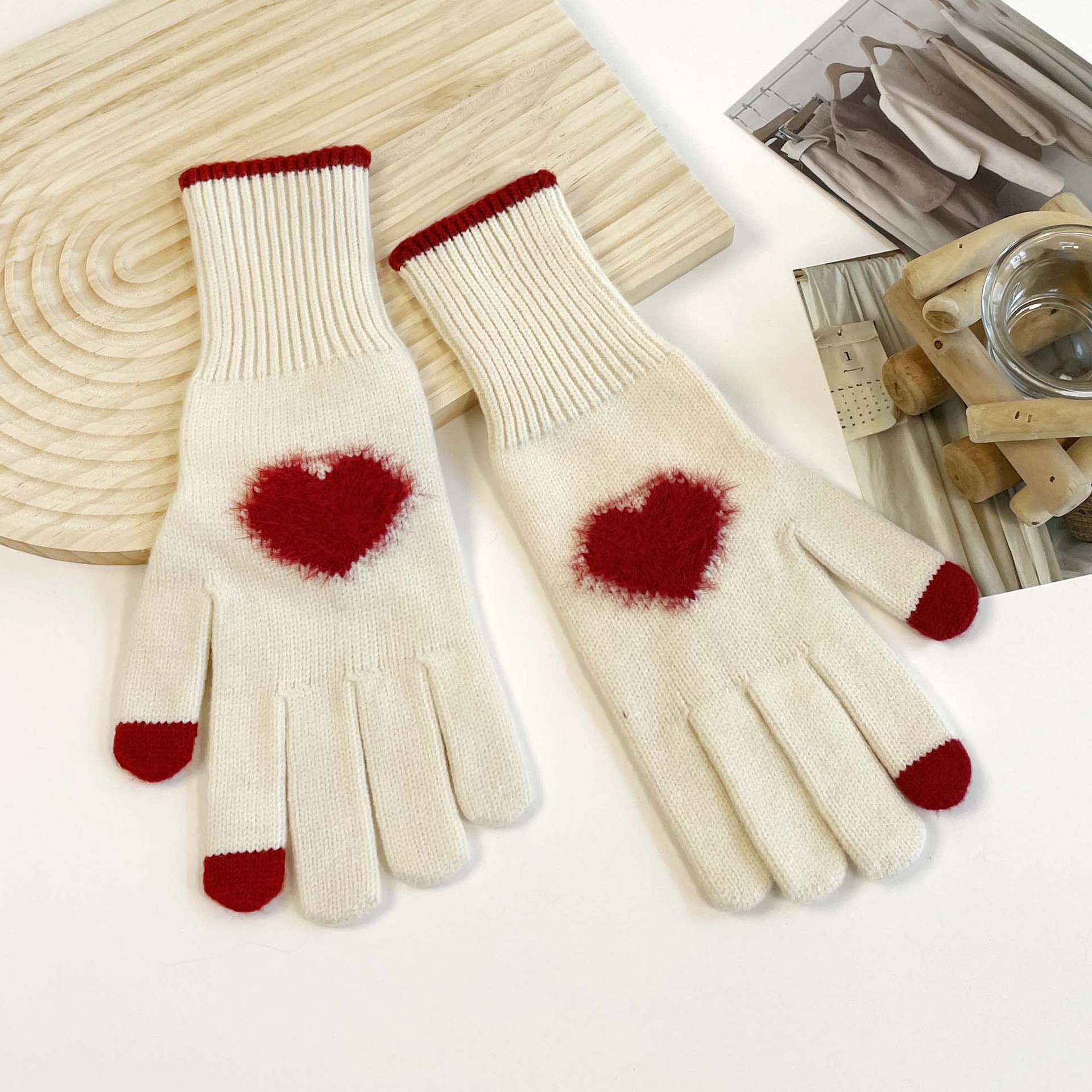 Women's Winter Solid Color Open Finger Phone Touch Screen Knitted Woolen Thickened Warmth Fashion Love Korean Edition_voghion.com