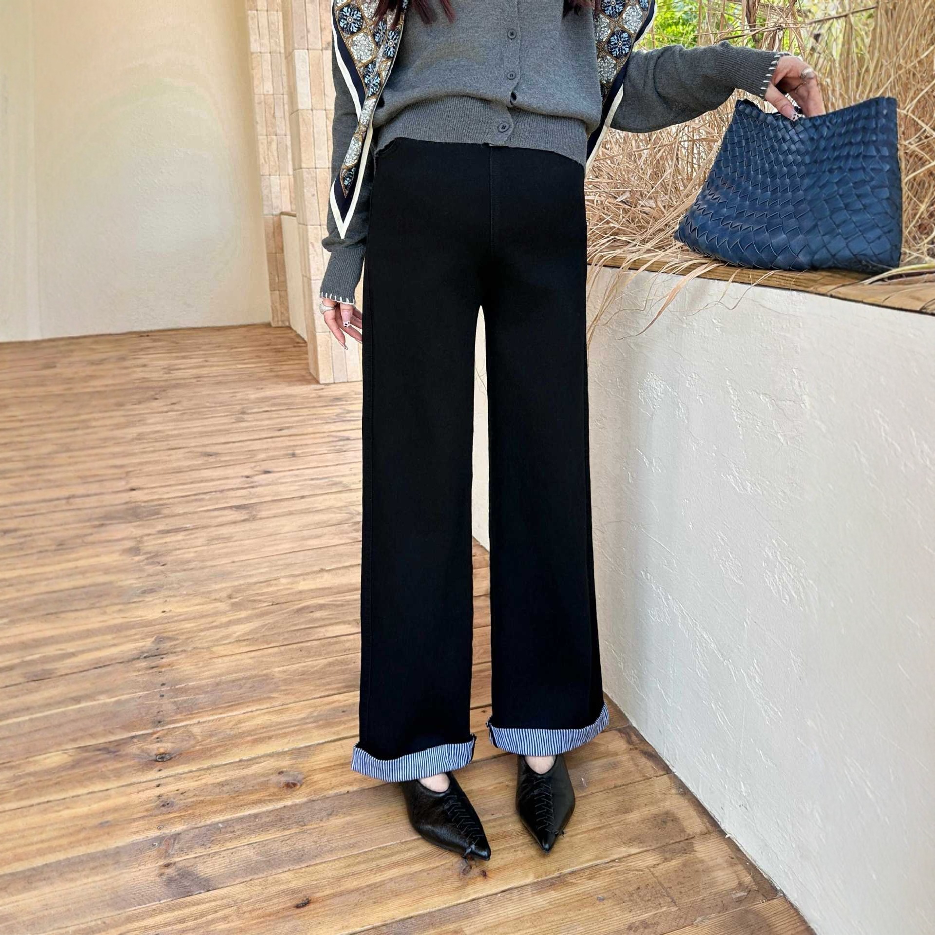 25 Years New Style Maternity Wide-Leg Pants with Contrasting Colors, Spring and Autumn Drawstring Cuffed Loose Slimming Belly-Supporting Casual Straight-Leg Long Pants