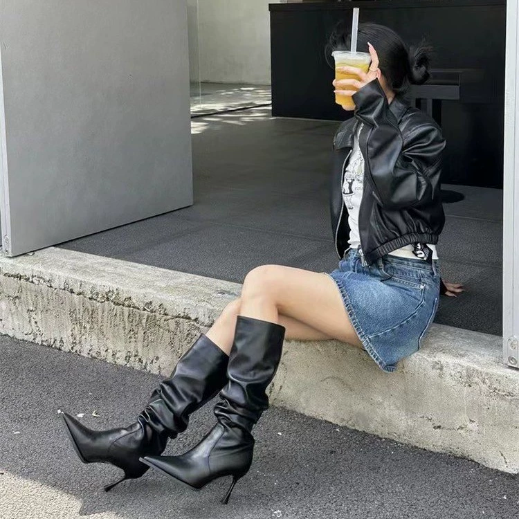 White high boots pointy toe high heels, fitted