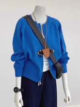 克莱因蓝毛衣针织开衫女秋冬圆领羊毛慵懒风拉链外套法式插肩上衣